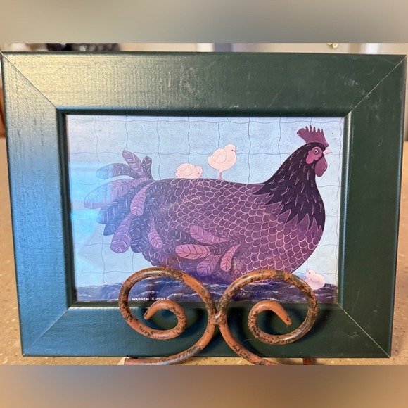 Vintage Warren Kimble Framed Print Pig Mama Chicken Chicks Folk Art Green - Picture 8 of 10